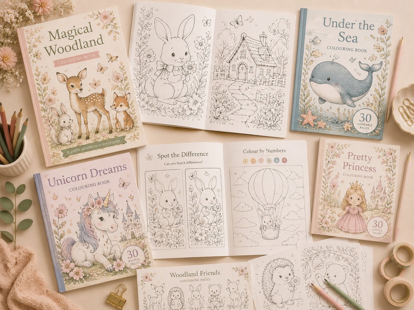 Colouring book pages and activity page concepts.
